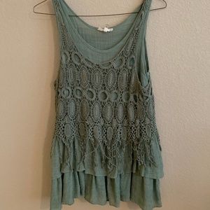 Umgee Green Top with Crochet overlay.  Sleeveless.